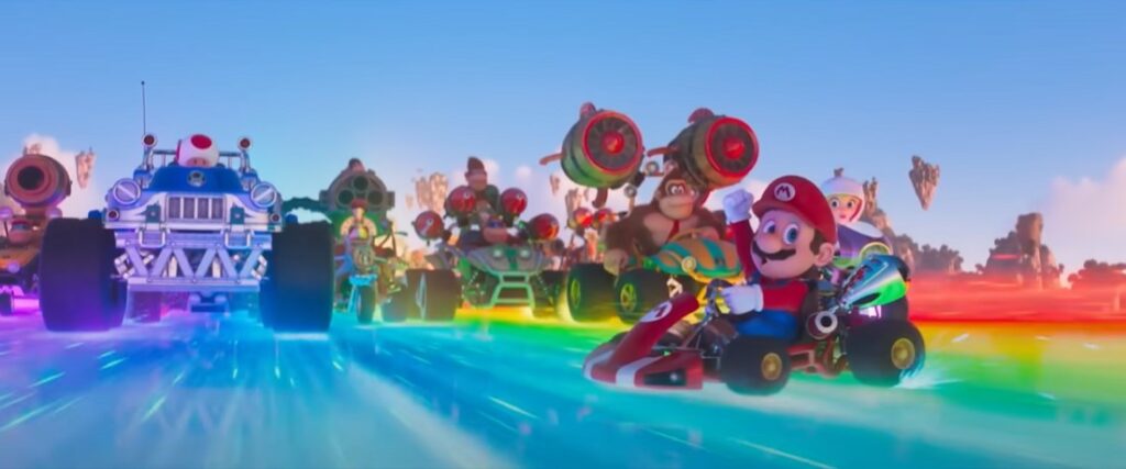 Extrait de la première bande-annonce du film Super Mario Bros. - Mario et ses amis conduisant des kartings sur la route Arc-en-ciel