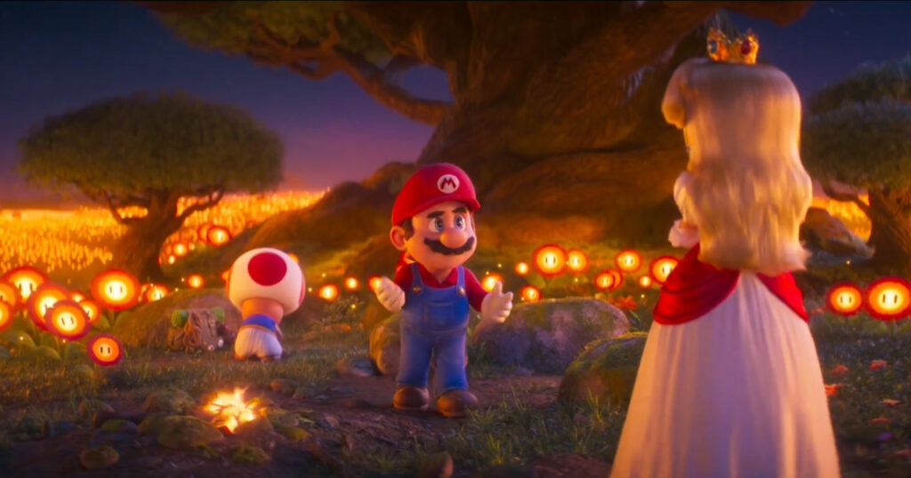 La princesse Peach, Mario et Toad au milieu d'un champ de fleur de feu illuminant la nuit.