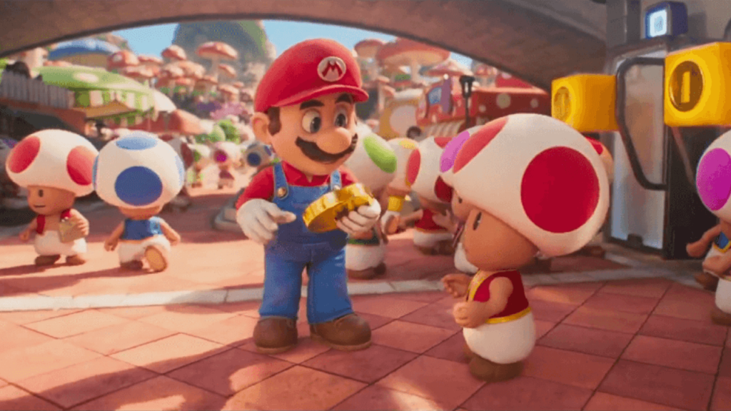 Super Mario Bros. le film : Mario ramassant une pièce avant de la rendre à un Toad.